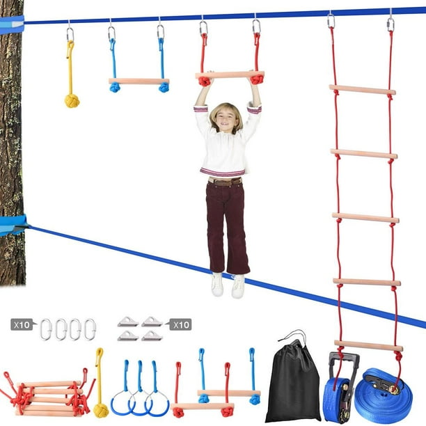 Ladder Ninja Warrior Obstacle Course for Kids 50ft Slackline w/Swing Gym Ring